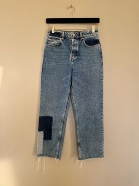Maje Two-Tone Patch Straight Leg Jeans — Light and Dark Blue